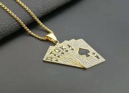 Hip Hop Necklace Rhinestones Paved Bling Iced Out Stainless Steel Poker Straight Flush Lucky Pendants Necklaces for Men Jewelry2988740
