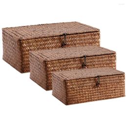 Storage Bags 3 Pcs Desktop Toy Case Organiser Household Decor Basket Rustic Bins Portable Seaweed Woven Hamper Lid