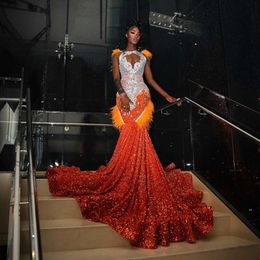 Pomarańczowe sukienki na studniówek dla czarnych dziewcząt pióra, cekinowa cekin mermaid imprezowy sukienki afrcian crystal wieczor