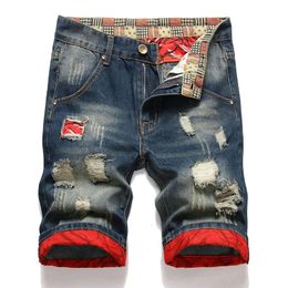 Jeans Mens Flip Denim Shorts Worn Hole Patch Vintage Young Design Fashion Ruined Plus Size Summer Pants 240408