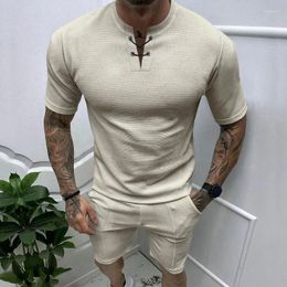 Men's Tracksuits Vintage Drawstring V Neck T Shirt Two Piece Sets Men Summer Fashion Solid Color Short Sleeve Tops And Shorts Suits Mens