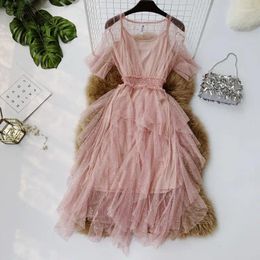 Party Dresses 2024 Women Summer Bling Sequined Mesh Gauze V-Neck Ruffles Cake Dress Lady Elastic Slim Waist Pleated Irregular Chic