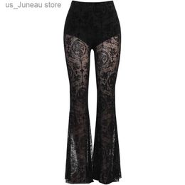 Women's Pants Capris Y2K Gothic Black Velvet Lace Mesh Flare Pants Sexy Harajuku Aesthetic S Through Emo Pants Vintage Women Summer Pant Strtwear 1 T240415