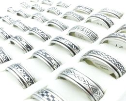 Whole 100pcsLot Fashion Stainless Steel Spin Band Rings Black Etched Mixed Patterns Jewelry Mens Womens Rotatable Party Ring 4272056