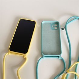 Liquid Silicone Candy Solid Colour Crossbody Necklace Cord Strap Case For iPhone 15 Pro Max 11 12 13 14 Plus XS XR X 8 7 SE Cover