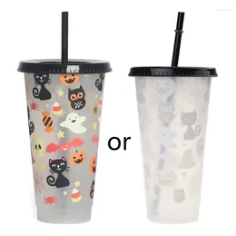 Cups Saucers Colour Changing Tumblers With Lid And Straw Reusable Cold Drink Coffee Halloween Series