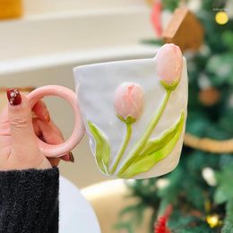 Mugs Ins Style Girl Heart Coffee Cup High Value Tulip Ceramic Design Creative Three-dimensional Mug Birthday Valentine's Day Gift