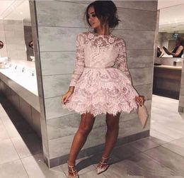 Sweet long sleeves pink knee length appliques homecoming dresses Short prom cocktail evening gowns party guest7756417