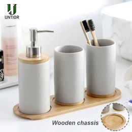 UNTIOR Ceramic Bathroom Accessories Set with Bamboo Base Include Ceramic Tumbler Soap Dispenser Toothbrush holder Bathroom Set