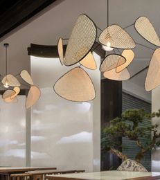 French Designer Rattan Wicker Chandelier Screen Cannage Kitchen Wood Bamboo Leaf Grid Pendant Light Modern Home Decor Floor Lamp