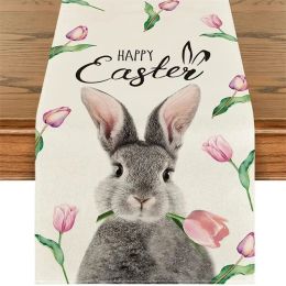 2024 Easter Linen Table Runner Rabbit Colourful Eggs Tulip Home Restaurant Indoor Spring Wedding Holiday Farmhouse Tabletop Decor