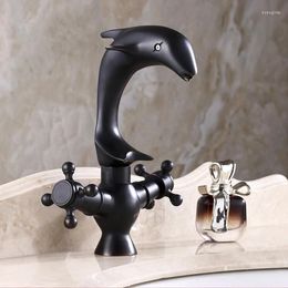 Bathroom Sink Faucets L16108 High Quality Deck Mounted Black Color Brass Material And Cold Water Dolphin Basin Tap
