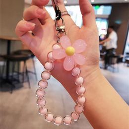 Mobile Phone Lanyard Short Hand-beaded Round Bead Pendant Ins Flower Pendant Anti-lost Sling Women's Wrist Strap