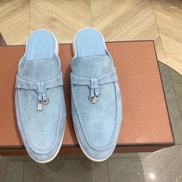 Slippers 2024 Men Flat Loafer Summer Top Quality Suede Leather Tassel Metal Buckle Women's Men's Slipper Mules Comfortable Slip On Shoes