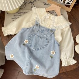 Girl Dresses 2024 Spring Summer Autumn Cute Casual Skirt Baby Flower Embroidered Denim Tank Top Dress