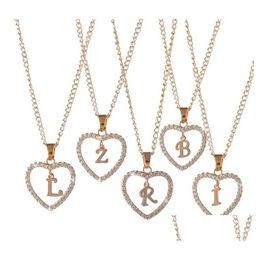 Pendant Necklaces Classic Rose Gold 26 Letter Diamond Paved Love Heart Necklace Alphabet A-Z Initial Womens Jewellery Gift Drop Delivery Dh7Ni