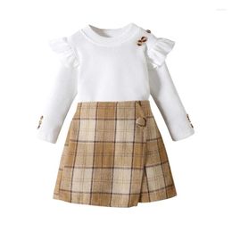 Clothing Sets Autumn 1-6Y Kid Baby Girl Clothes Solid Colour Ribbed Long Sleeve O Neck Ruffle Top Plaid Skirt Toddler Outfits Costume