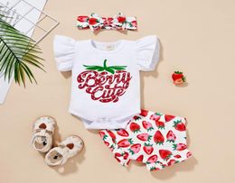 Clothing Sets 024M Infant Baby Girls Summer Short Sleeve Strawberry Print RomperShorts Headbands 3 Pcs Outfits Girl Clothes7490066