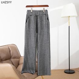 Women's Pants LHZSYY Merino Pure Wool Knitted Wide-Leg Ladies Houndstooth Thick Trousers Loose Leg High Waist Straight Mop