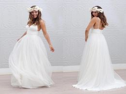 Abiti da sposa Boemian Beach Abiti di spaghetti Cinghie di tulle Bianco Pure Abiti da sposa 2015 Abiti da sposa a fatica in stile semplice2020334