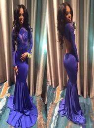 Backless Mermaid Prom Dresses With Long Sleeves Illusion Bodice Appliques Lace Elastic Satin Royal Blue Regency Evening Gowns Cuta1251332