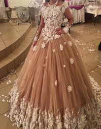 Champagne Ball Gown Quinceanera Dresses Illusion Long Sleeve 3d Floral Appliqued Beaded Prom Dress Formal Evening Gowns Custom Mad4325253