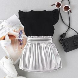 Clothing Sets Kids Girl 2 Piece Outfit Ribbed Tops And Elastic Metallic Skirt With Belt Set For Toddler Summer Clothes
