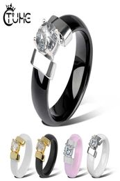 New Style 6mm Ceramic Rings Black White Ring with Cubic Zirconia for Women Gold Metal Smooth Wedding Ring Engagement Jewelry Q07086854637