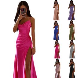 Womens Spring Bra Shrink Pleated Split Satin Dress Sexy Slim Fit Wrap Hip 240409