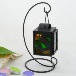 Decorative Figurines Iron Holder Lantern Candlestick Craft Colourful Glass Hanging Candle Light Stand