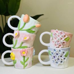 Mugs Hand Pinched Ins Wind Embossed Flower Mug Macaron Ceramic Cup Hand-painted Water Companion Gift