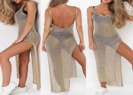 Women Sexy Summer Sunscreen Sheer Mesh Bikini Cover Up Metallic Solid Color Backless High Slit Beach Club Party Sleeveless Dress5574989