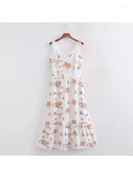 Casual Dresses Chic Lady Elegant Flower Print High Waist 2024 Spring Dress Ladies Cute Lace Patchwork Summer Slim Long