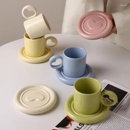 Cups Saucers Ceramic Coffee Cup Korean-style Creamy Solid Color Creative Girl Heart Mug Thick Handle Breakfast Love Saucer