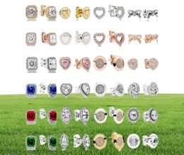 2019 NEW 100% 925 Sterling Silver Earrings Signature Bow Square Drill Love Heart Ear Studs Charm Beads Fit Original DIY Dangler gift Valentine8795069