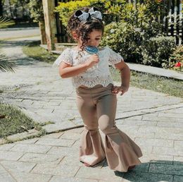 Clothing Sets Children39s 2022 Summer Girls Lace Shortsleeved Tshirt Gold Velvet Flared Pants Suit Baby Girl ClothesClothing7633649