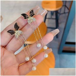 Dangle Chandelier 2024 New Trend Unique Design Elegant Delicate Light Luxury Black Butterfly 14K Yellow Gold Earrings Women Fashion Je Dhlg9