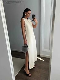 Basic Casual Dresses 2024 Summer Elegant White Maxi Dress Women Solid O-neck Slveless Button Split Dresses Female Beach Vacation Party Vestidos T240412