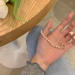 Strand Minar Korean Fashion Freshwater Pearl Splicing Hollow Link Chain Bracelets For Women 14K Real Gold Plated Copper Accessories