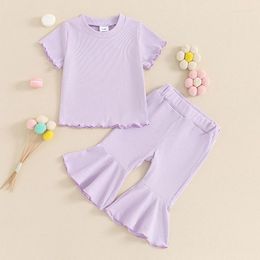 Clothing Sets Mama S Sunshine Toddler Baby Girl Summer Clothes Ruffle Short Sleeve T-Shirt Bell Bottoms Outfit Solid Color Ribbed Set