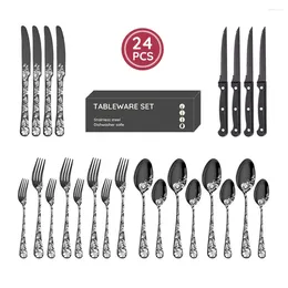 Flatware Sets 24pcs Fancy Silverware Set With Steak Knives Black For 4 Grade Stainless Steel Tableware Cutlery Mirr