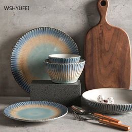 Bowls WSHYUFEI Kiln Glazed Vertical Pattern Ceramic Tableware Rice Bowl Western Dishes Steak Plate Kitchenware Kitchen Supplies