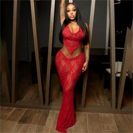 Women Sexy See Through Lace 2 Piece Set Bandage Backless Halter Tank Crop Tops Bodycon Long Skirts Club Party Dress Suits 240403