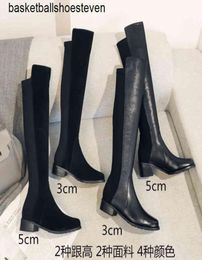 5050 spring winter new leather round head middle heel black stitching show thin women039s knee high Knight boots1469155