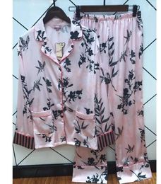 Home Clothing Spring Autumn Women's Pink Bamboo Bird Ink Printing Wear 4 Pieces Silk Pyjamas Sleepwear Pants Suit Nightwear Pyjamas