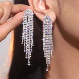 Dangle Earrings Shine Long Tassel Rhinestone Drop For Women AB Colourful Silver Color Crystal Earring Party Wedding Jewelry