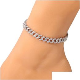 Anklets Fashion Womens Bracelet Iced Out Cuban Link Chain Anklet Bracelets Gold Sier Pink Diamond Hip Hop Jewellery Drop Delivery Dhsdm