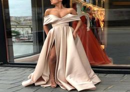 Sexy Cheap Split Champagne Prom Dresses 2018 Off The Shoulder Satin Floor Length White Pink Blush Simple Evening Party Dresses3558416