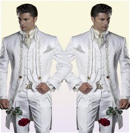 Custom Made Embroidery 3 Piece Groom Tuxedos Long White Men Wedding Suit Bridgroom Men Dinner Prom WearJacketPantsVest1240230