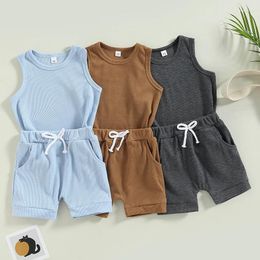 Clothing Sets Summer Infant Boys Girls Clothes Outfits Solid Colour Crew Neck Sleeveless Tank Tops T-Shirts Elastic Waist Shorts 2Pcs Suit